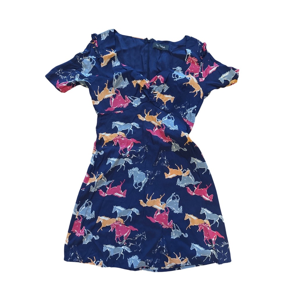 ModCloth Womens M Navy Fit & Flare Retro Whimsical Cottagecore Horse Print Dress